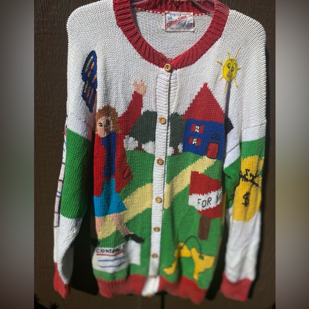 VTG Colorful Novelty Knit Cardigan Scenic Motif Real Estate theme Cotton Salsa